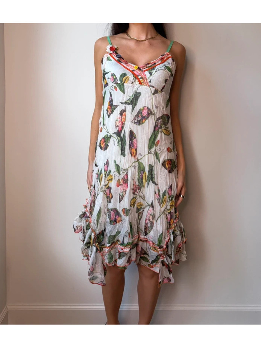 Vintage Sensations Pour Elle Y2K Botanical Floral Chiffon Dress Handkerchief Hem
